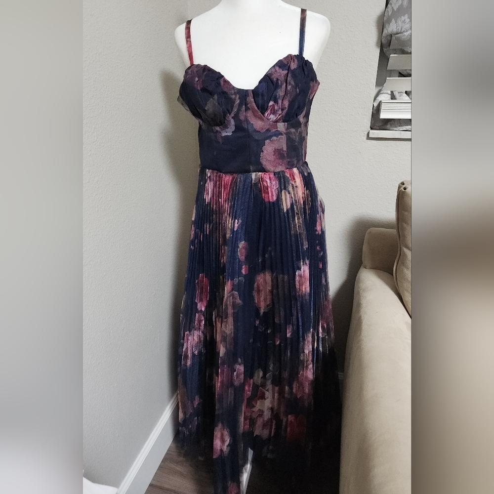 Lulus Alluring Invite Midnight Blue Floral Pleated Bustier Midi Dress - Picture 5 of 6
